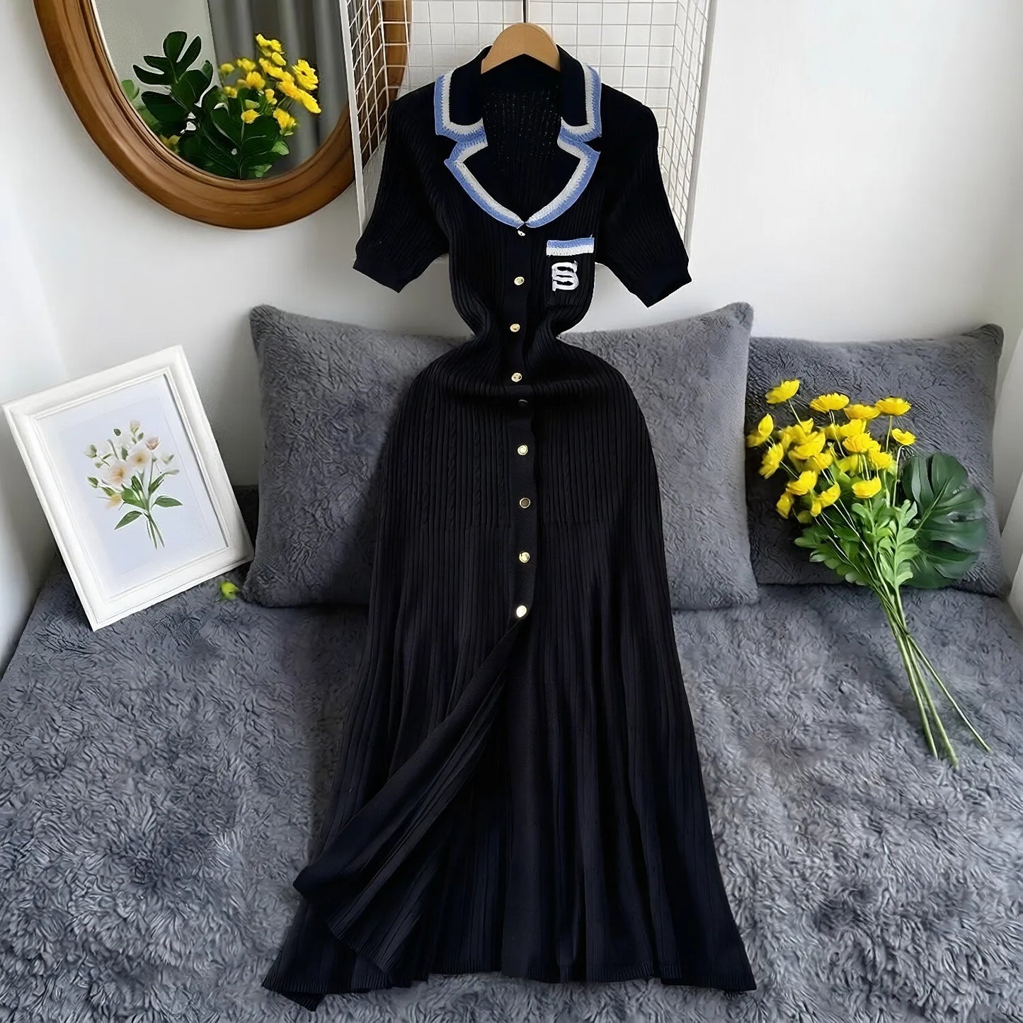 Robe longue en maille mode vintage de la marque YuooMuoo, col rabattu, élégante, à simple boutonnage, coupe trapèze, robe chemise longue pour femme, robes