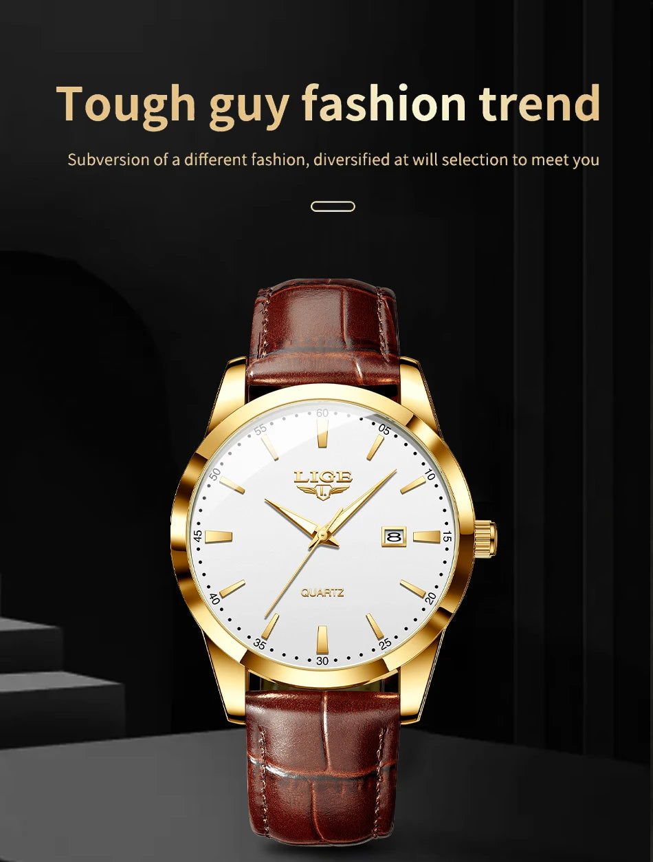 Montre Homme LIGE Nouvelle Montre de Luxe en Cuir Marron pour Homme, Montre Homme Mode Business, Montre Sport d’Extérieur Étanche à Quartz pour Homme