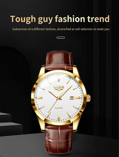 Montre Homme LIGE Nouvelle Montre de Luxe en Cuir Marron pour Homme, Montre Homme Mode Business, Montre Sport d’Extérieur Étanche à Quartz pour Homme