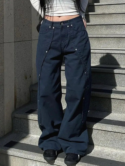 Jeans pour femme vêtements Y2K pantalon ample coupe décontractée à jambe large style rétro américain vintage avec design patchwork à rivets et fente