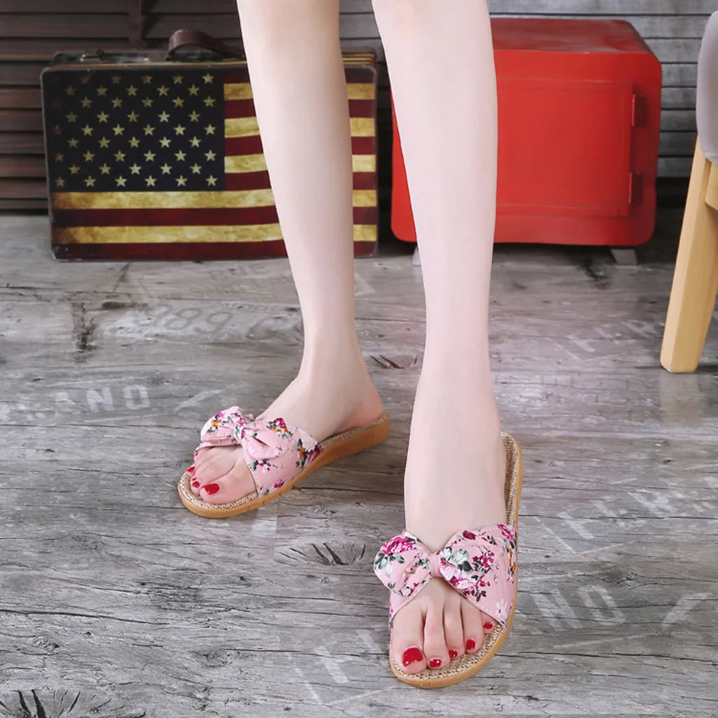 Chaussures pour femme Sandales Mujer Femmes Féminines Nœud décoratif Lin en toile Tongs Chaussures de plage Sandales Pantoufles Chaussures Femme