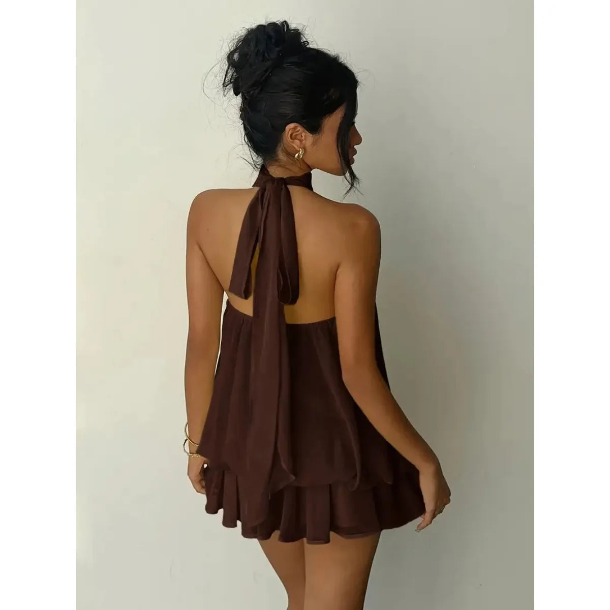 Robe à encolure licou pour femme, dos nu, en chiffon transparent à nouer sur le devant, mini-jupe, robe de fête tendance, sexy, Y2K, vintage, mignonne pour anniversaire