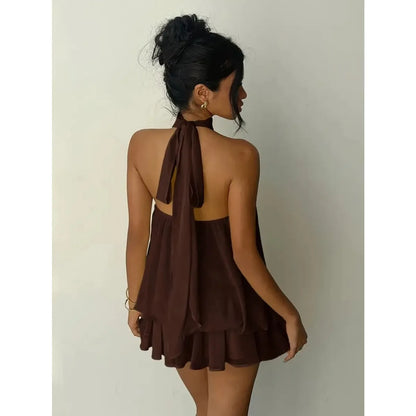 Robe à encolure licou pour femme, dos nu, en chiffon transparent à nouer sur le devant, mini-jupe, robe de fête tendance, sexy, Y2K, vintage, mignonne pour anniversaire
