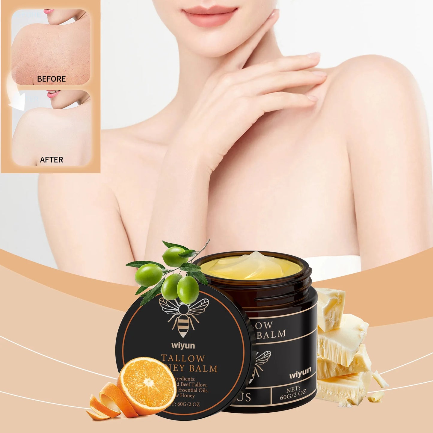 Lotion corporelle apaisante à la crème de miel et suif de bœuf, éclaircissante, atténuant les taches brunes, réduisant la mélanine, raffermissante, non grasse, hydratation durable.