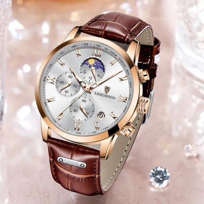 Montre-bracelet de luxe pour femme LIGE, bracelet en cuir, étanche, décontractée et sportive, à quartz, avec affichage 24 heures et phase de lune.