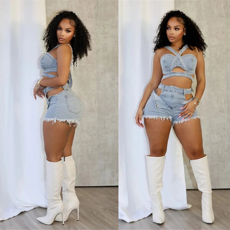 Ensemble short en jean sexy pour femmes, haut court en denim à bretelles et short découpé, vêtements d’été 2025, streetwear, tenue de club deux pièces
