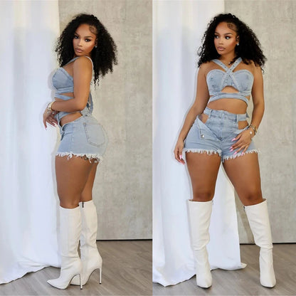 Ensemble short en jean sexy pour femmes, haut court en denim à bretelles et short découpé, vêtements d’été 2025, streetwear, tenue de club deux pièces