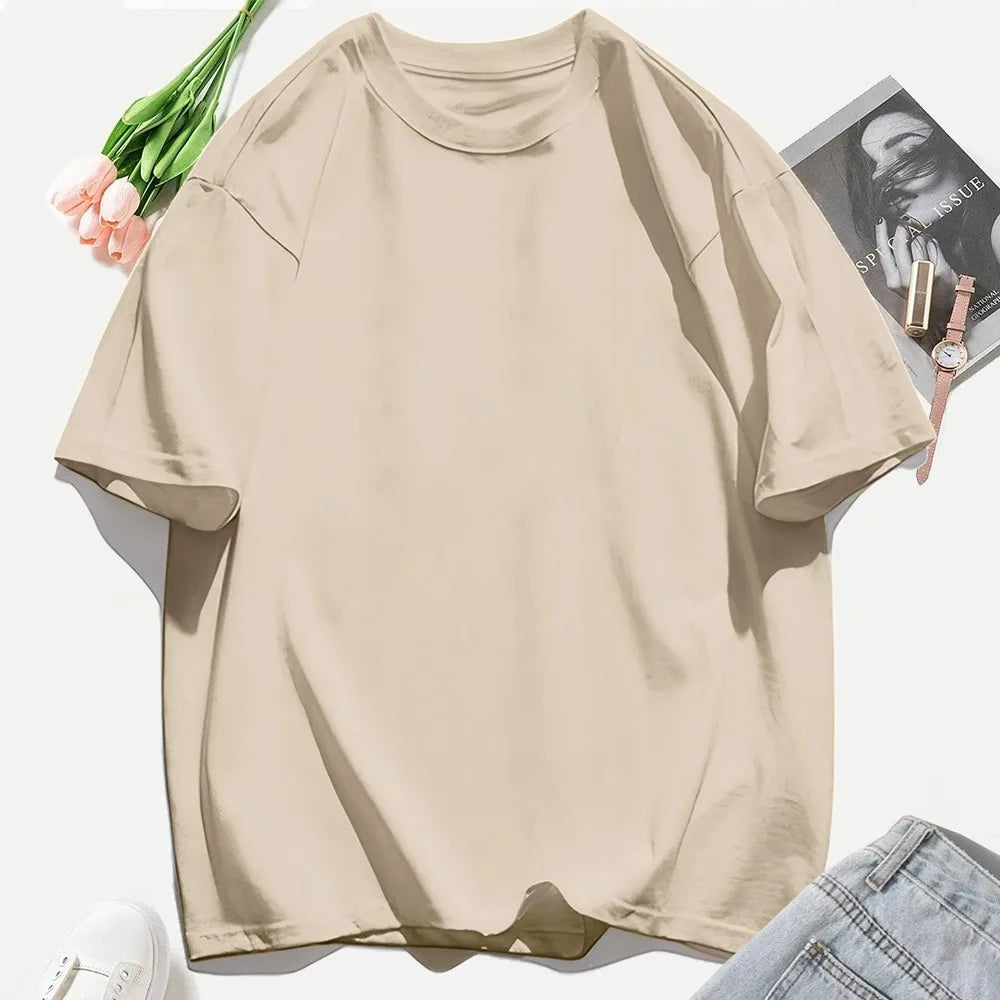 T-shirt femme Y2K 100 % coton, t-shirt décontracté de couleur unie, col rond, hauts d’été pour femmes, mode oversize, sportswear féminin tendance.