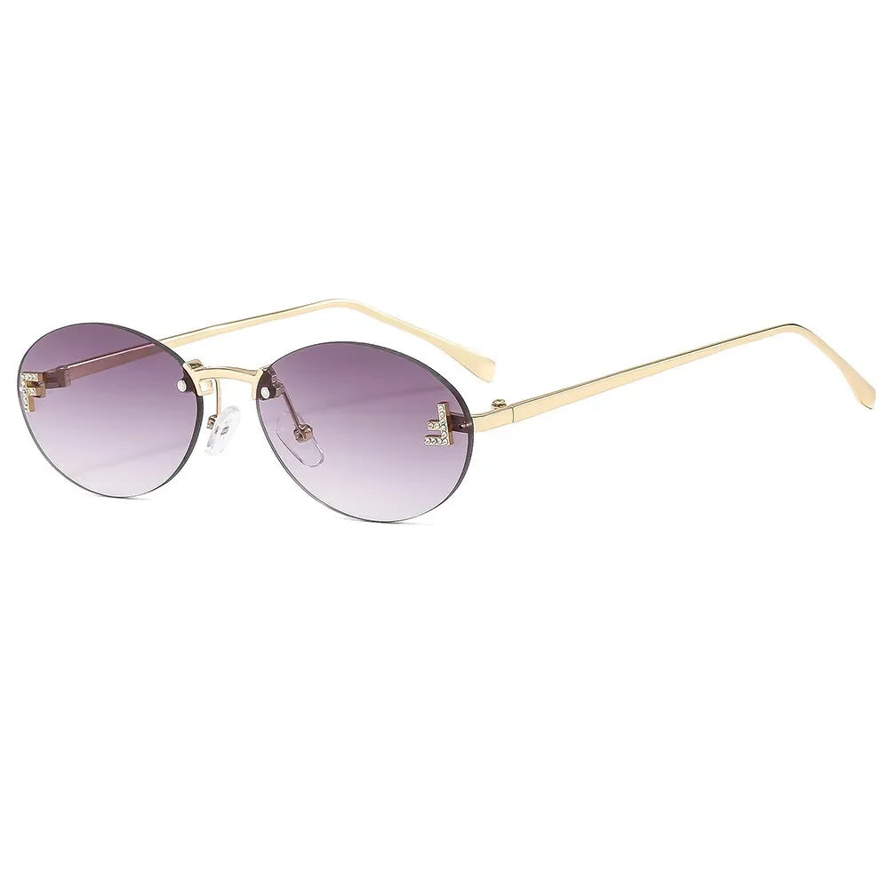 Lunettes de soleil de créateur de marque de luxe sans monture pour femmes, ovales rétro de petite taille, monture métallique, lunettes de soleil pour extérieur, style décontracté vacances, UV400 #300371