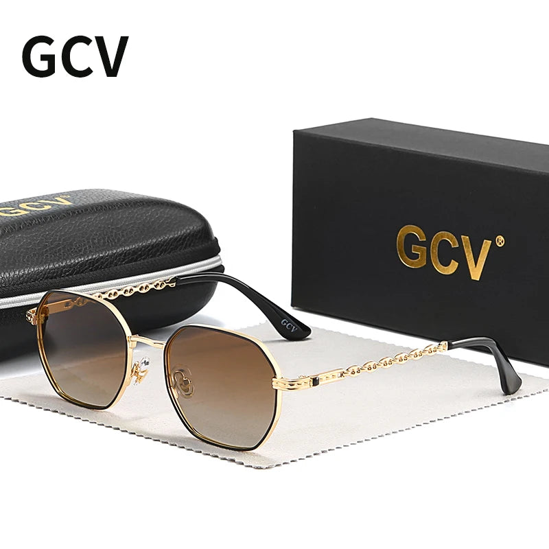 Lunettes de soleil GCV de marque classique rétro pour femmes, monture métallique rectangulaire carrée, verres polarisés, boîte Oculos De Sol Gafas
