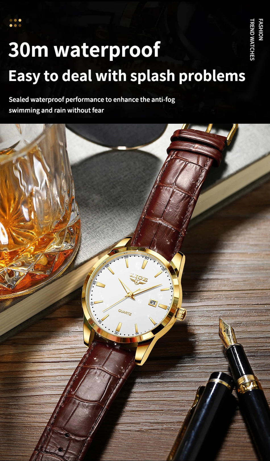 Montre Homme LIGE Nouvelle Montre de Luxe en Cuir Marron pour Homme, Montre Homme Mode Business, Montre Sport d’Extérieur Étanche à Quartz pour Homme