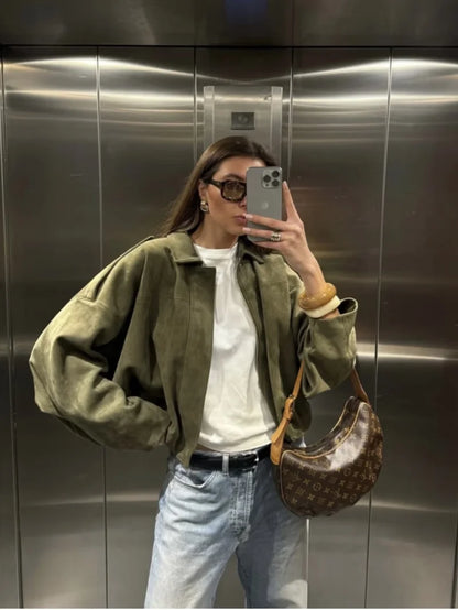 ETJ 2025 nouvelle veste bomber femme de printemps à effet suédine, coupe ample, col à revers, style mode, épaules marquéess