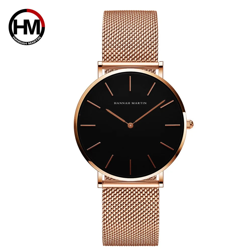 Montre pour femme HANNAH MARTIN en acier inoxydable de qualité, mouvement à quartz japonais, étanche, 36 mm, entièrement or rose, idéale pour le dropshipping.