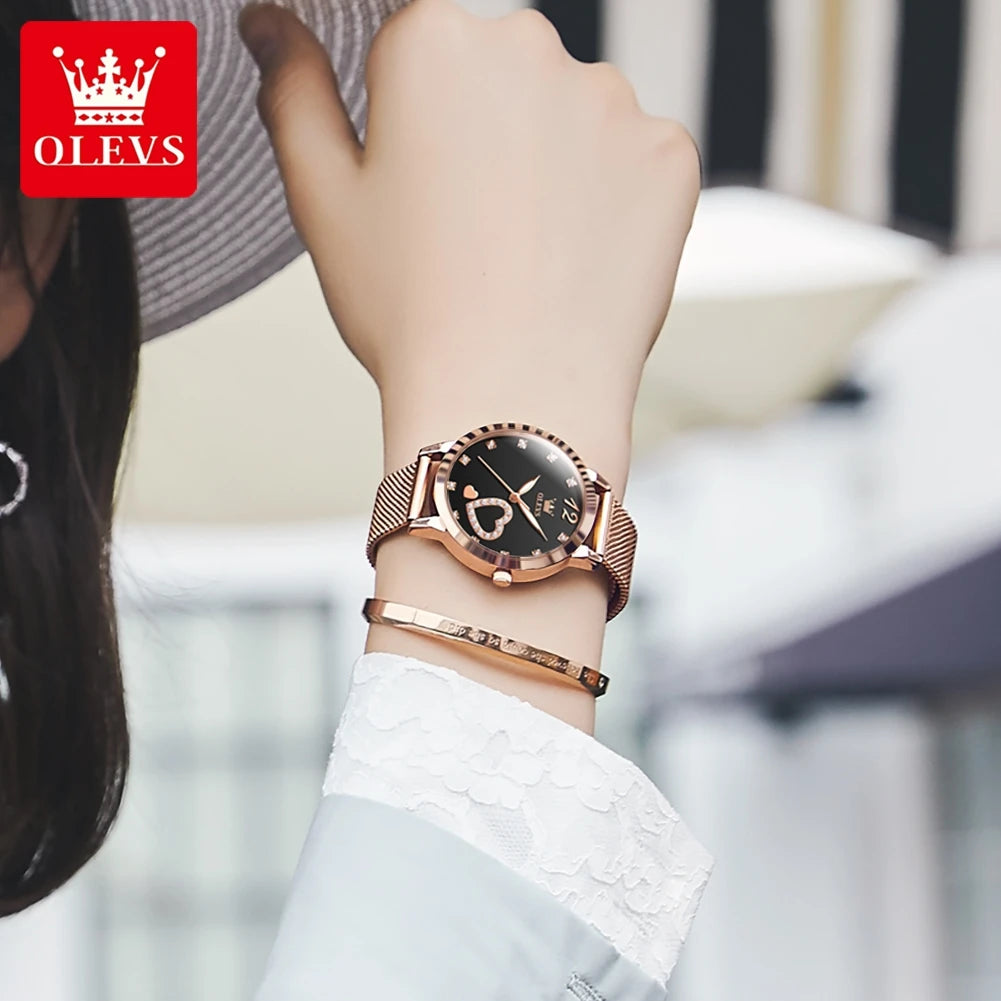 Montre pour femme OLEVS 5189, montre-bracelet à quartz, montre décontractée et tendance pour dames, étanche, lumineuse, bracelet en maille, cadran cœur, index en zircon.