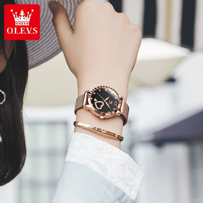 Montre pour femme OLEVS 5189, montre-bracelet à quartz, montre décontractée et tendance pour dames, étanche, lumineuse, bracelet en maille, cadran cœur, index en zircon.