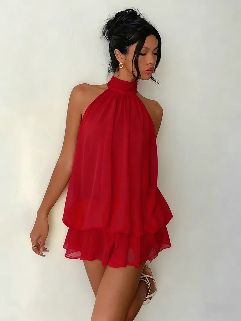 Robe à encolure licou pour femme, dos nu, en chiffon transparent à nouer sur le devant, mini-jupe, robe de fête tendance, sexy, Y2K, vintage, mignonne pour anniversaire