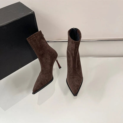 Bottines à talons hauts pour femmes à bout pointu, chaussures élégantes et tendance pour danse et soirées, bottines courtes slim extensibles pour femmes, automne-hiver