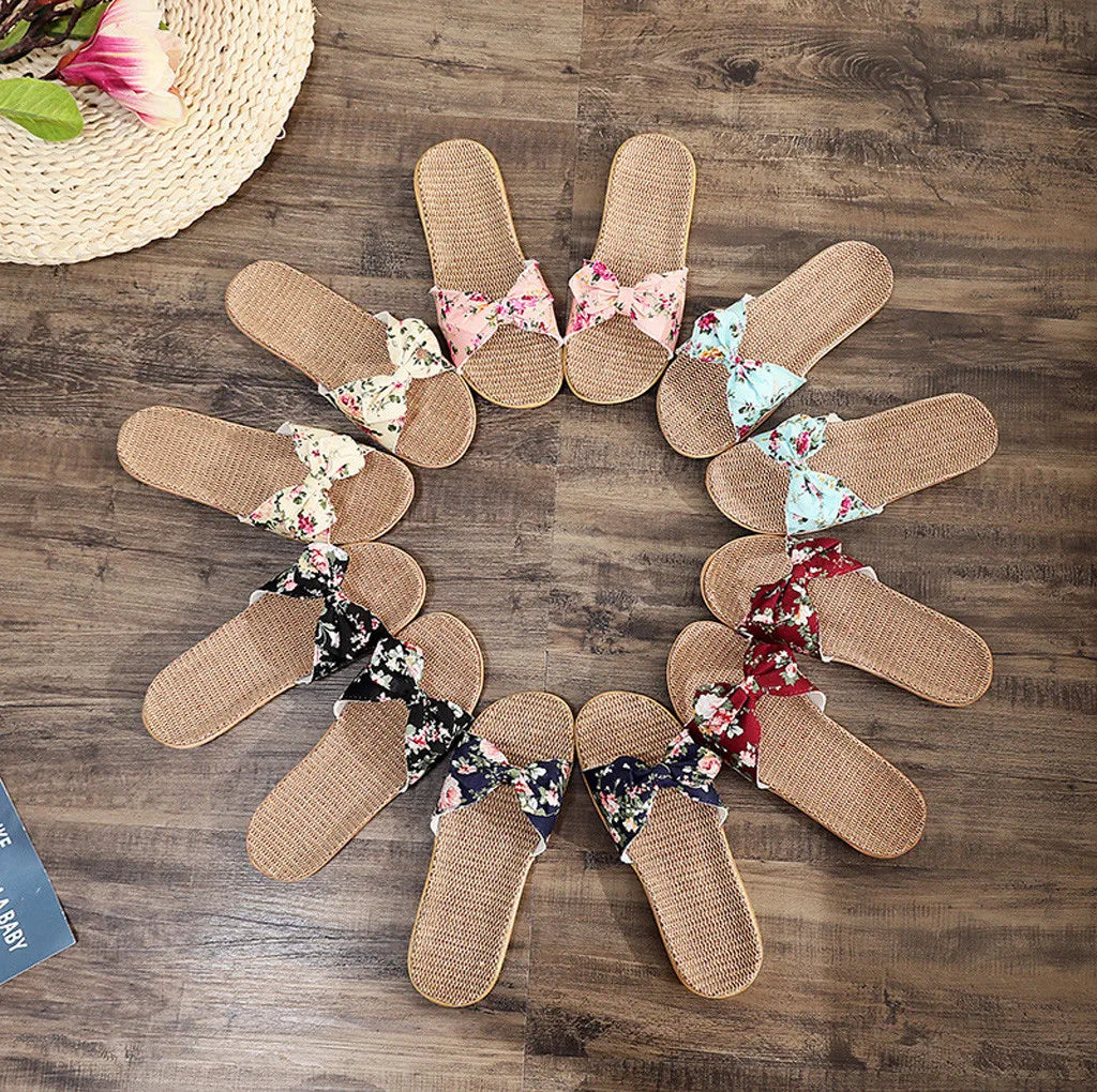 Chaussures pour femme Sandales Mujer Femmes Féminines Nœud décoratif Lin en toile Tongs Chaussures de plage Sandales Pantoufles Chaussures Femme