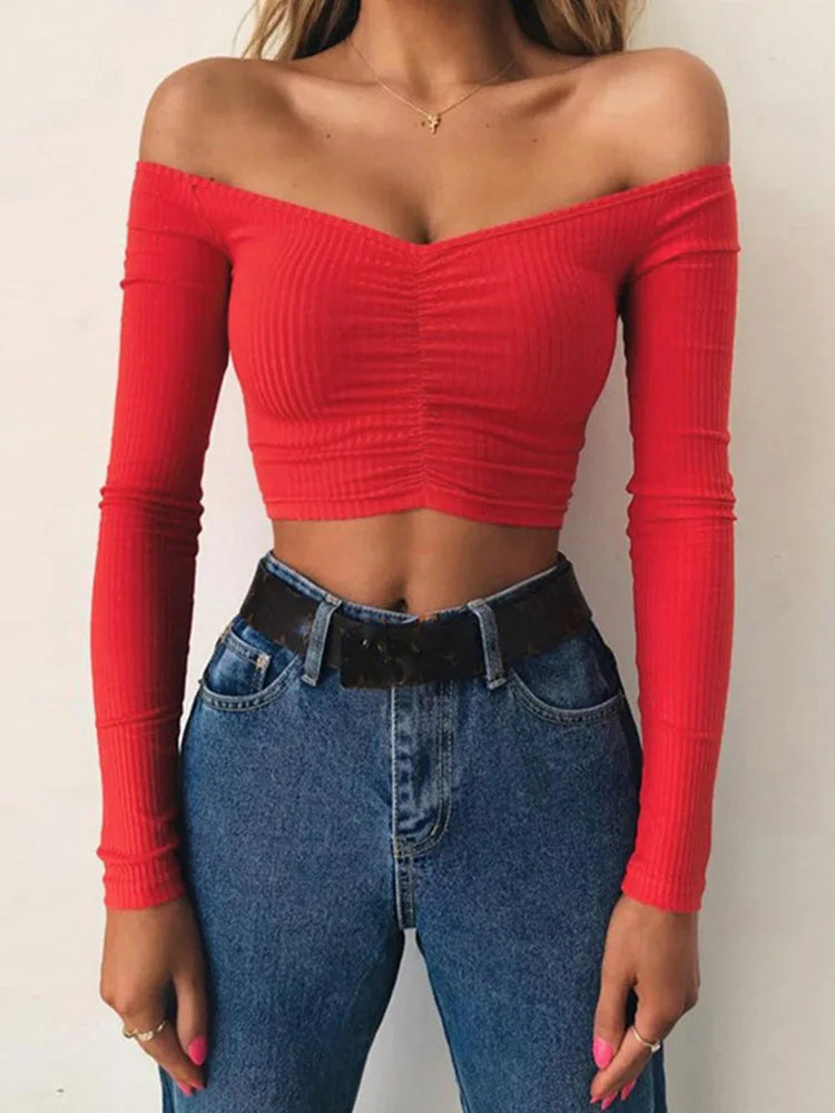 T-shirts pour femmes sexy et mode club, T-shirt femme à manches longues épaules dénudées couleur unie, T-shirt basique d’automne pour femme