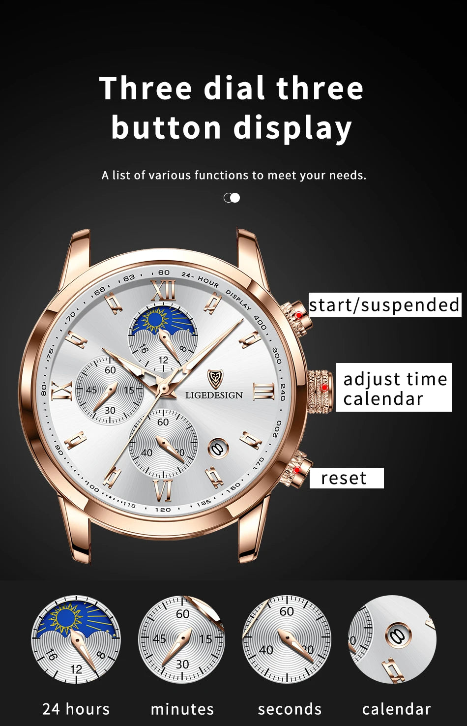 Montre-bracelet de luxe pour femme LIGE, bracelet en cuir, étanche, décontractée et sportive, à quartz, avec affichage 24 heures et phase de lune.