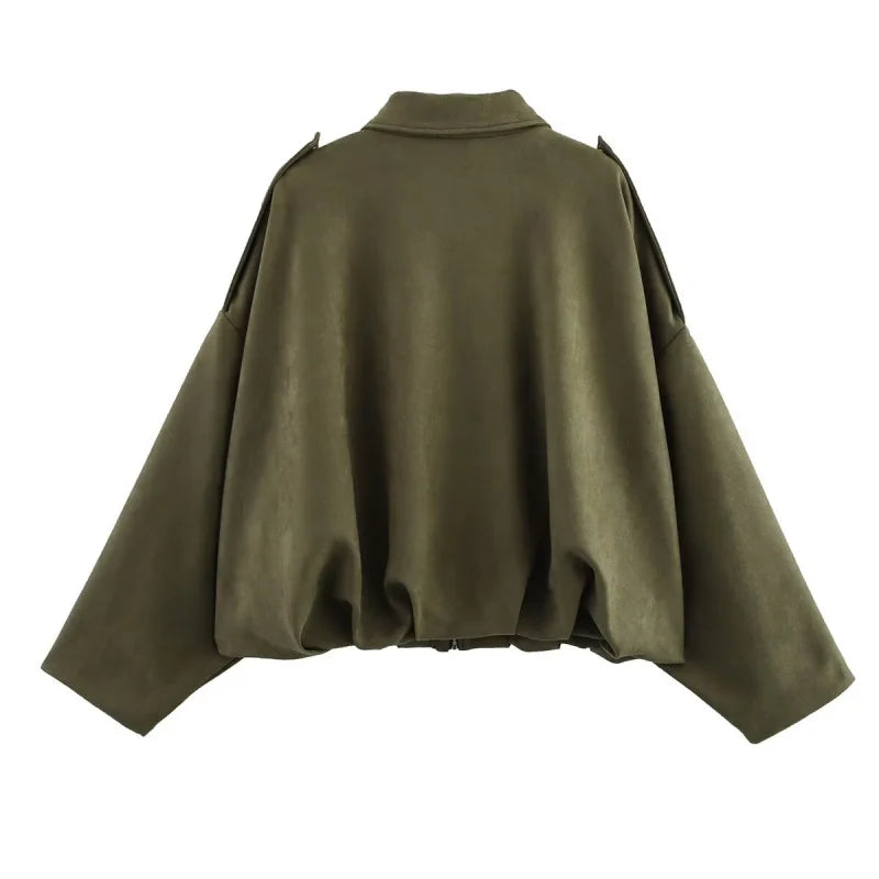 ETJ 2025 nouvelle veste bomber femme de printemps à effet suédine, coupe ample, col à revers, style mode, épaules marquéess