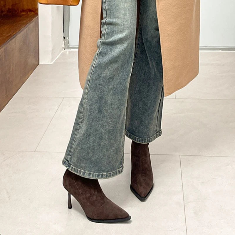 Bottines à talons hauts pour femmes à bout pointu, chaussures élégantes et tendance pour danse et soirées, bottines courtes slim extensibles pour femmes, automne-hiver