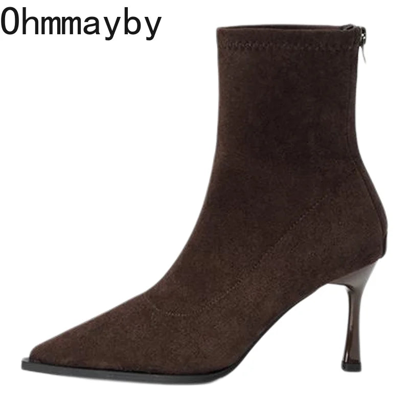 Bottines à talons hauts pour femmes à bout pointu, chaussures élégantes et tendance pour danse et soirées, bottines courtes slim extensibles pour femmes, automne-hiver