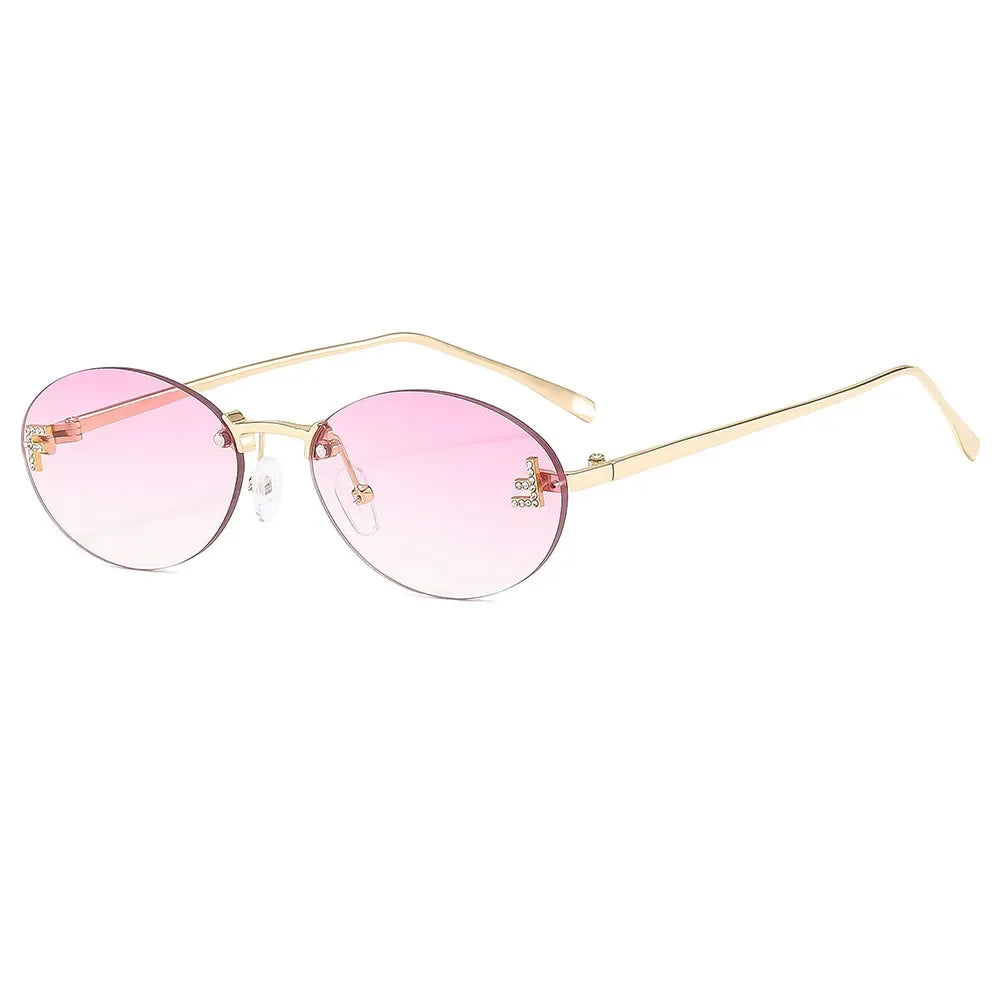 Lunettes de soleil de créateur de marque de luxe sans monture pour femmes, ovales rétro de petite taille, monture métallique, lunettes de soleil pour extérieur, style décontracté vacances, UV400 #300371