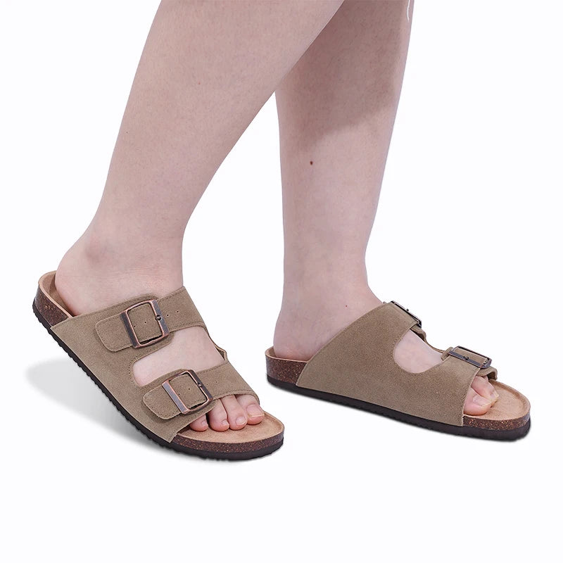Mules en daim pour femmes Comwarm Fashion, pantoufles, sabots pour hommes, sandales à semelle intérieure en liège avec soutien de la voûte plantaire, claquettes d’extérieur pour la plage, chaussures d’intérieur
