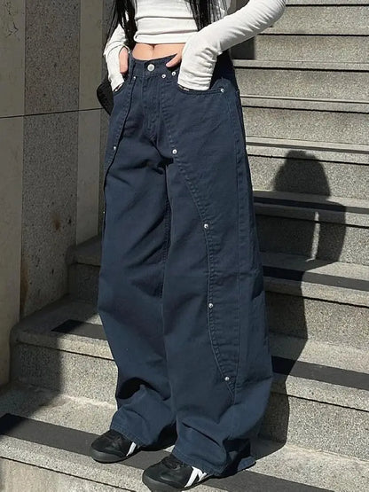 Jeans pour femme vêtements Y2K pantalon ample coupe décontractée à jambe large style rétro américain vintage avec design patchwork à rivets et fente
