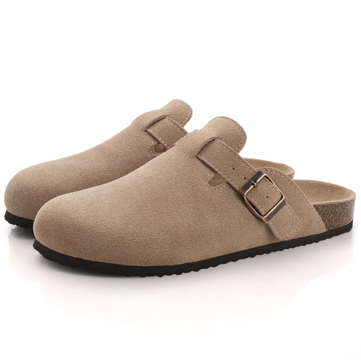 Mules en daim pour femmes Comwarm Fashion, pantoufles, sabots pour hommes, sandales à semelle intérieure en liège avec soutien de la voûte plantaire, claquettes d’extérieur pour la plage, chaussures d’intérieur