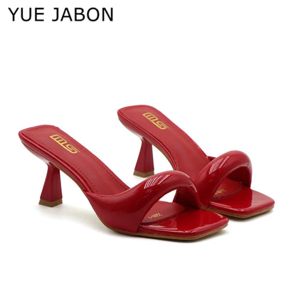 Nouvelles pantoufles pour femmes, sexy, en cuir, à bride arrière, talons aiguilles style romain, élégantes, talon original, bout carré, satinées, à enfiler, chaussures femme Zapatillas