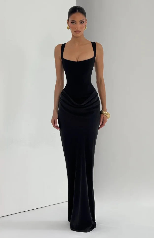 Robe à bretelles plissée unie pour femme col carré sans manches épaules dénudées cintrée à la taille effet amincissant robe de soirée et de fête pour femme 2025