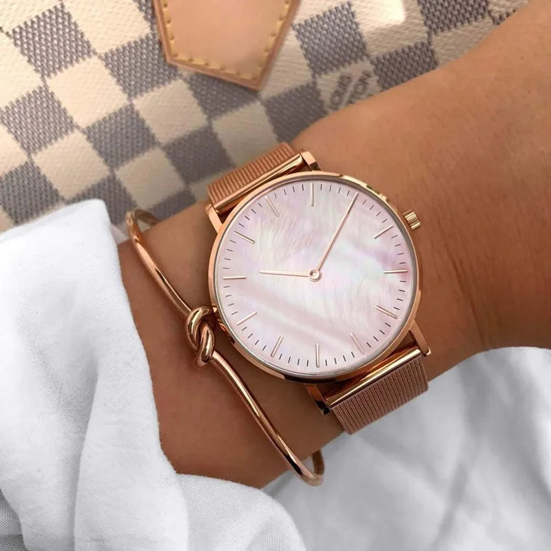 Montres pour femmes tendance de luxe à quartz en alliage pour femme, bracelet en maille métallique, montre simple pour femme, horloge féminine, montre femme