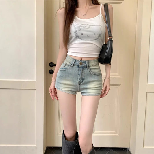 Short en jean décontracté taille haute bleu clair pour femmes, short en denim à délavage vintage, braguette boutonnée, moulant sexy coupe trapèze, hot pants d’été