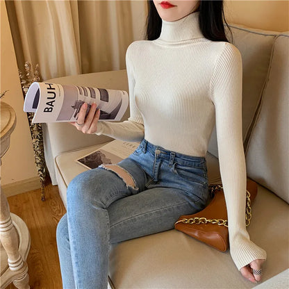 Pull femme automne-hiver 2026 à manches longues en maille, col roulé rabattable côtelé, doux et chaud, jumper pullover vêtements pour femme
