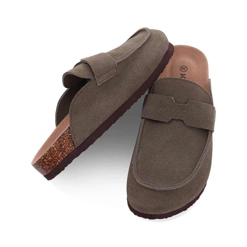 Litfun Nouveaux sabots pour femmes, mules en suède de liège tendance pour femmes, chaussons classiques en liège antidérapants pour l’extérieur avec soutien de la voûte plantaire
