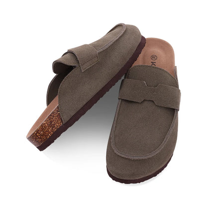 Litfun Nouveaux sabots pour femmes, mules en suède de liège tendance pour femmes, chaussons classiques en liège antidérapants pour l’extérieur avec soutien de la voûte plantaire