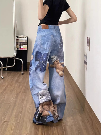 Jean large bleu Y2K pour femme à imprimé ours et graffiti, pantalon en jean vintage Harajuku baggy grunge, vêtements alternatifs