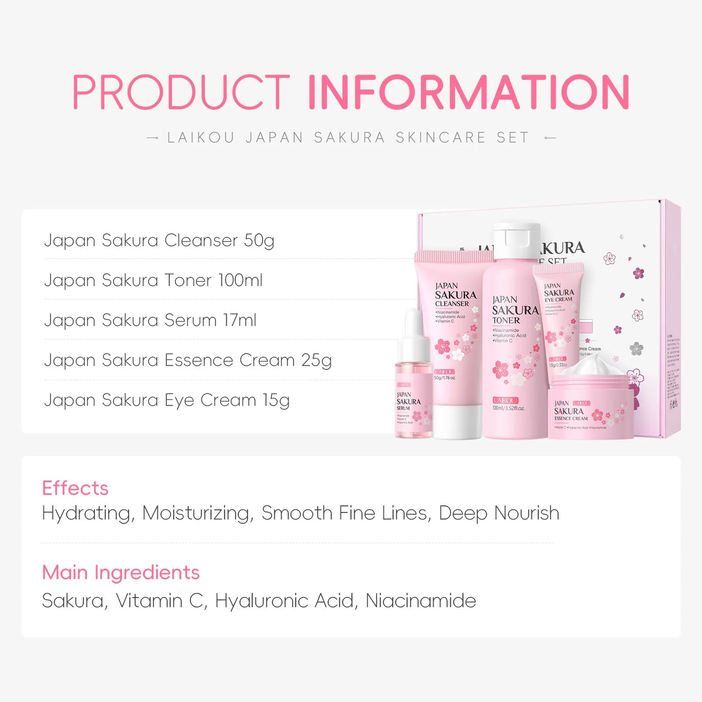Ensemble de soins de la peau LAIKOU Sakura Kit hydratant et réduisant les ridules, produit nettoyant pour les pores, coffret de 5 pièces, cadeau de la Journée des femmes coréennes