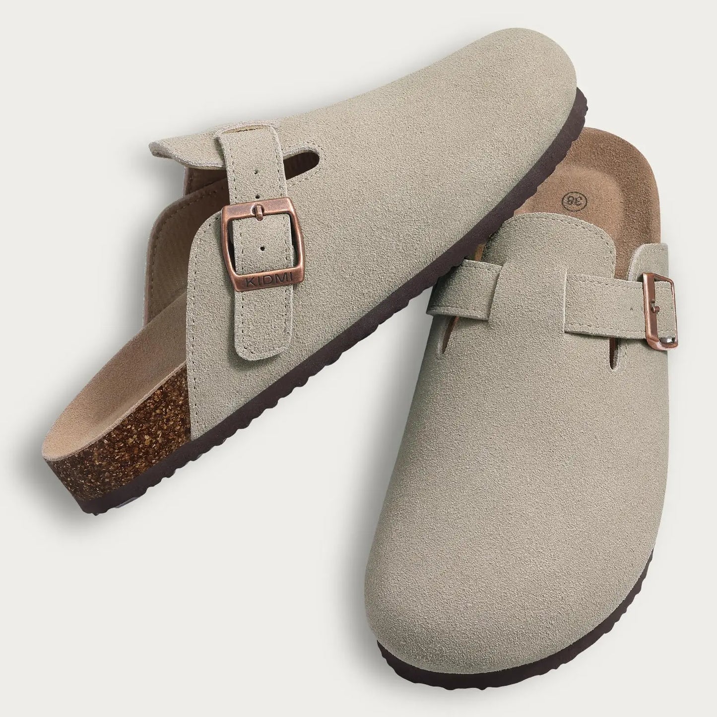 Litfun Nouveaux sabots pour femmes, mules en suède de liège tendance pour femmes, chaussons classiques en liège antidérapants pour l’extérieur avec soutien de la voûte plantaire