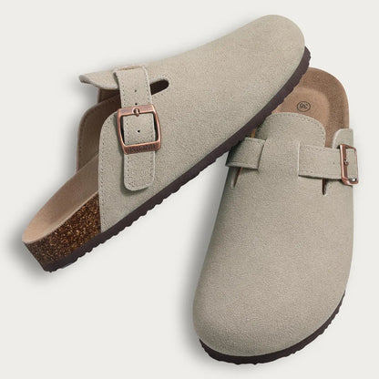 Litfun Nouveaux sabots pour femmes, mules en suède de liège tendance pour femmes, chaussons classiques en liège antidérapants pour l’extérieur avec soutien de la voûte plantaire