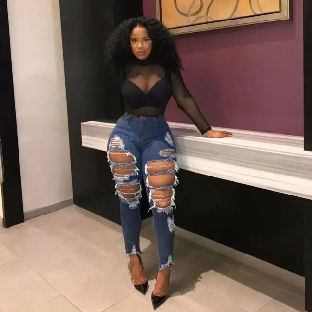 Jeans à trous pour femmes, pantalon crayon en denim, streetwear délavé, skinny extensible, taille haute, effet usé et déchiré, pantalon longueur cheville 2025