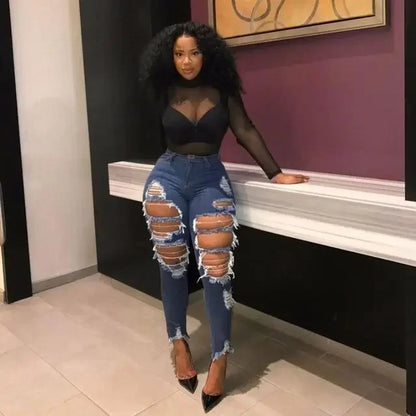 Jeans à trous pour femmes, pantalon crayon en denim, streetwear délavé, skinny extensible, taille haute, effet usé et déchiré, pantalon longueur cheville 2025