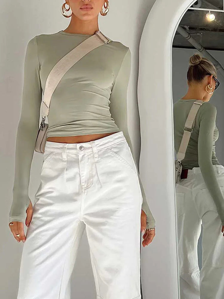 T-shirt femme mode à manches longues, col rond, uni, coupe slim, crop top pour femmes avec trous pour les pouces, pour le quotidien, streetwear d’été, camisoles