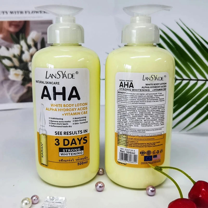 Lotion corporelle blanchissante 500 ml aux acides hydroxy AHA, vitamines C et E, lotion corporelle hydratante éclaircissante, élimine les marques d’acné, soin de la peau