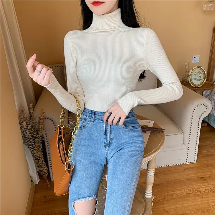Pull femme automne-hiver 2026 à manches longues en maille, col roulé rabattable côtelé, doux et chaud, jumper pullover vêtements pour femme