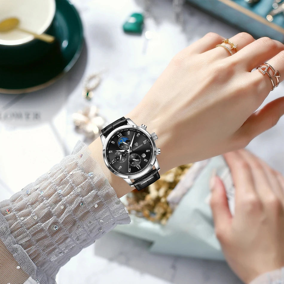 Montre-bracelet de luxe pour femme LIGE, bracelet en cuir, étanche, décontractée et sportive, à quartz, avec affichage 24 heures et phase de lune.