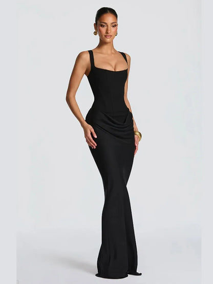 Robe à bretelles plissée unie pour femme col carré sans manches épaules dénudées cintrée à la taille effet amincissant robe de soirée et de fête pour femme 2025