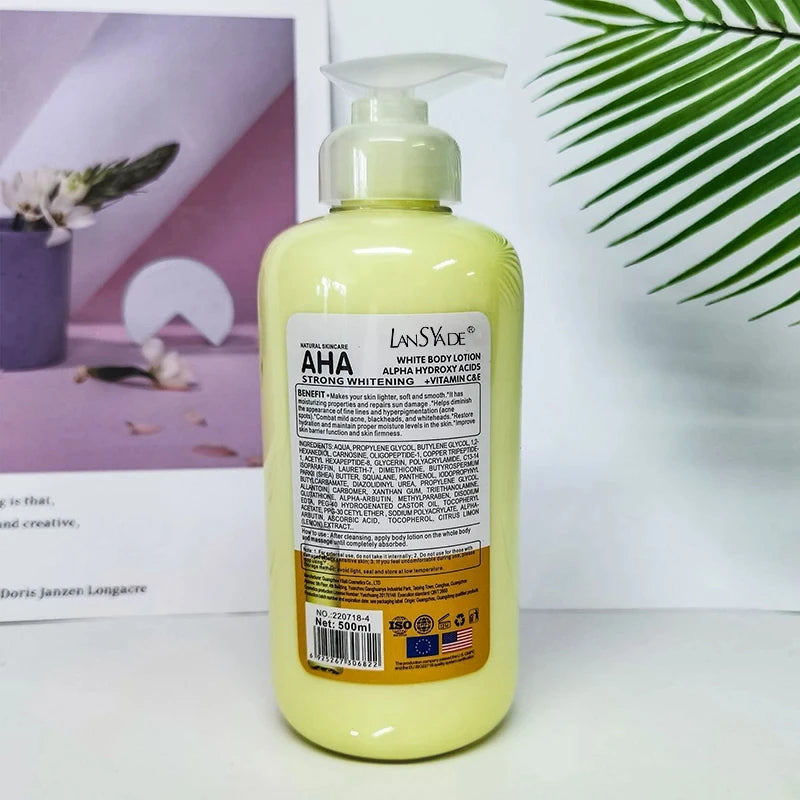 Lotion corporelle blanchissante 500 ml aux acides hydroxy AHA, vitamines C et E, lotion corporelle hydratante éclaircissante, élimine les marques d’acné, soin de la peau